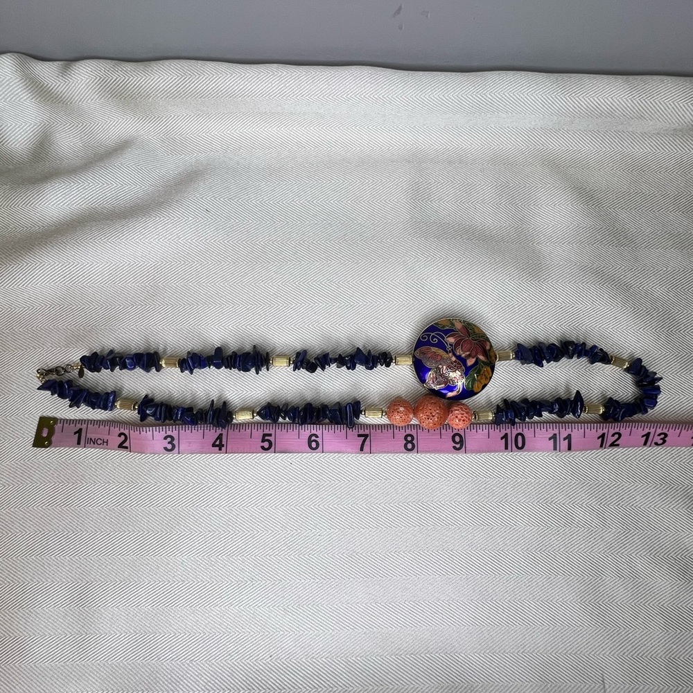 Lapis Lazuli Blue & Orange Sponge Coral Floral Cloisonné Pendant MJ Necklace - Picture 12 of 14